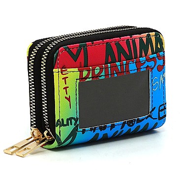 Trendy Double Zip Multi Graffiti Print Accordion Card Holder Wallet