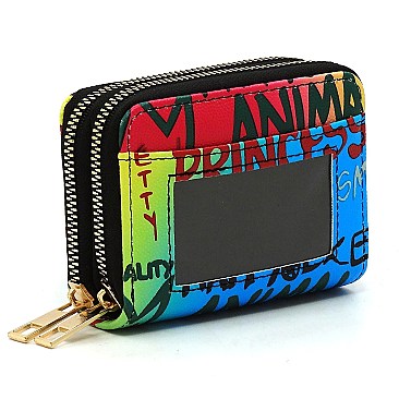 Pack of 6 Double Zip Multi Graffiti Print Accordion Card Holder Wallet