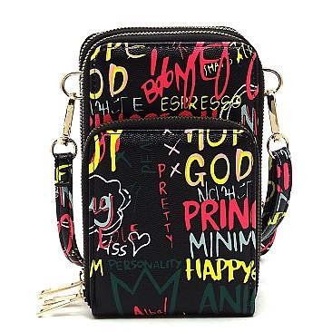 Trendy Multi Graffiti Print Cell Phone Purse Crossbody Bag