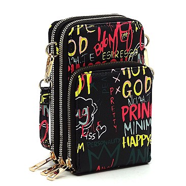 2 iN 1 Multi Graffiti Print Cell Phone Purse & Crossbody Bag