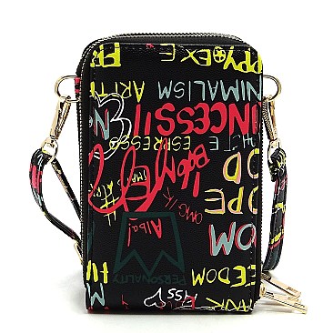 2 iN 1 Multi Graffiti Print Cell Phone Purse & Crossbody Bag