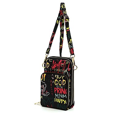 Trendy Multi Graffiti Print Cell Phone Purse Crossbody Bag