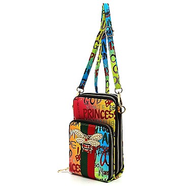 Swagger Multi Graffiti Queen Bee Stripe Cell Phone Purse Crossbody Bag