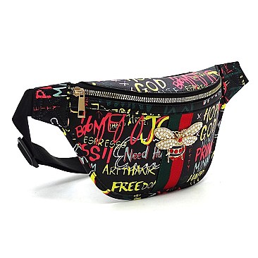 Multi Graffiti Bee Charm Fanny Pack - Waist Bag