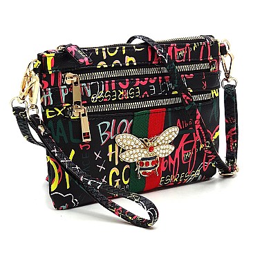 Groovy Multi Graffiti Queen Bee Stripe Clutch Crossbody Bag Wristlet