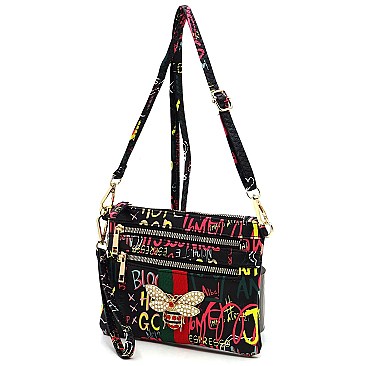 Groovy Multi Graffiti Queen Bee Stripe Clutch Crossbody Bag Wristlet