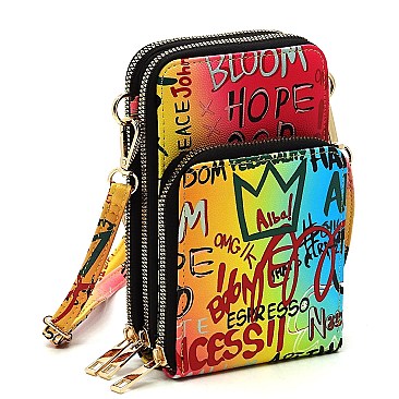 2 iN 1 Multi Graffiti Print Cell Phone Purse & Crossbody Bag