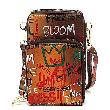 2 iN 1 Multi Graffiti Print Cell Phone Purse & Crossbody Bag