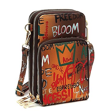 Trendy Multi Graffiti Print Cell Phone Purse Crossbody Bag