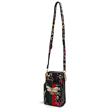 Swagger Multi Graffiti Queen Bee Stripe Cell Phone Purse Crossbody Bag