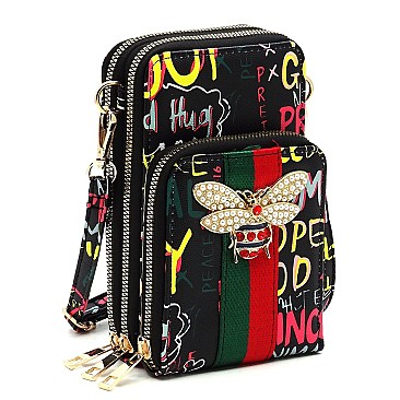 Swagger Multi Graffiti Queen Bee Stripe Cell Phone Purse Crossbody Bag