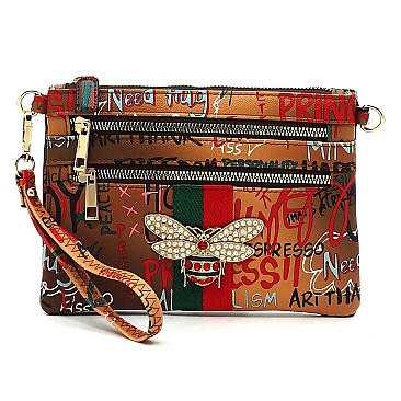 Groovy Multi Graffiti Queen Bee Stripe Clutch Crossbody Bag Wristlet