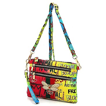 Groovy Multi Graffiti Queen Bee Stripe Clutch Crossbody Bag Wristlet