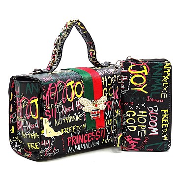 2-in-1 Trendy Multi Graffiti Queen Bee Boxy Satchel