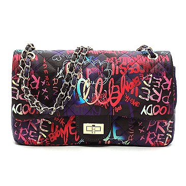 Large Quilted Multi Graffiti Print Shoulder Bag