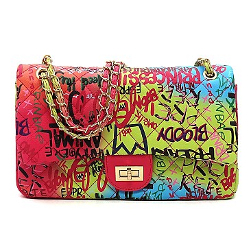 Large Quilted Multi Graffiti Print Shoulder Bag