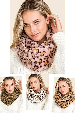 Pack of 12 Assorted Color Leopard Print Faux Fur Infinity Scarves