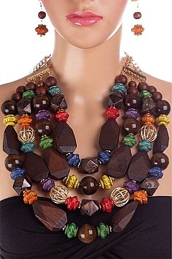 WOODEN BEADS STATEMENT NECKLACE SET