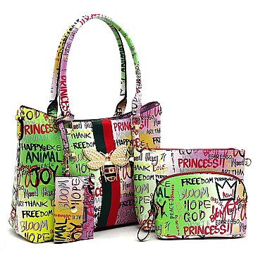 4-in-1  Graffiti Bee Stripe ACCENT Satchel Bag Value Set