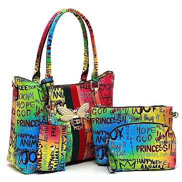 4-in-1  Graffiti Bee Stripe ACCENT Satchel Bag Value Set