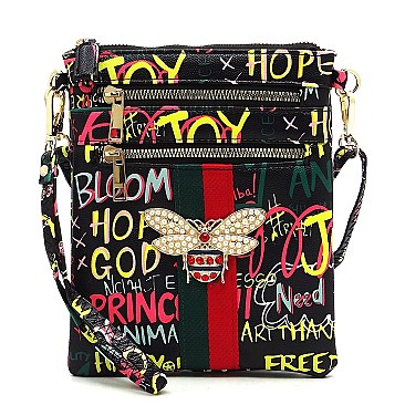 Graffiti Queen Bee Stripe Crossbody Bag Wristlet