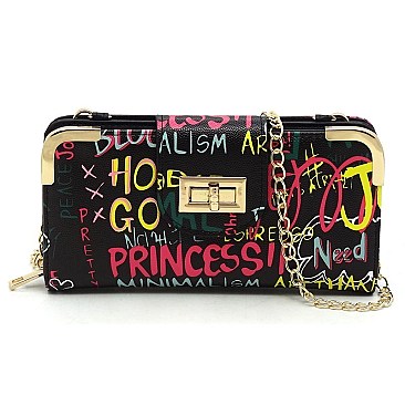 Trendy Multi Graffiti Turn Lock Crossbody Wallet