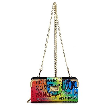 Trendy Multi Graffiti Turn Lock Crossbody Wallet