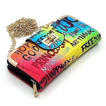 Trendy Multi Graffiti Turn Lock Crossbody Wallet