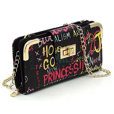 Trendy Multi Graffiti Turn Lock Crossbody Wallet