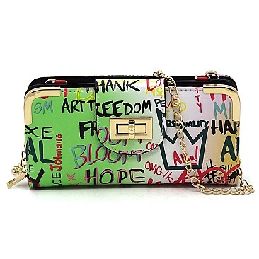 Trendy Multi Graffiti Turn Lock Crossbody Wallet