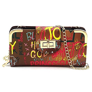 Trendy Multi Graffiti Turn Lock Crossbody Wallet