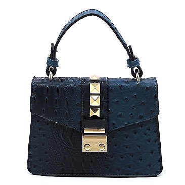 Ostrich Croc Studded Top Flap Crossbody Bag