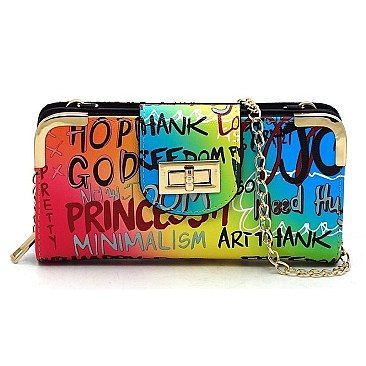 Trendy Multi Graffiti Turn Lock Crossbody Wallet