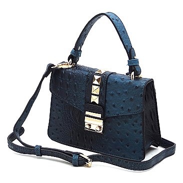 Ostrich Croc Studded Top Flap Crossbody Bag