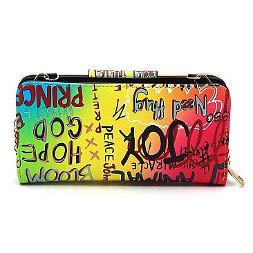 Trendy Multi Graffiti Turn Lock Crossbody Wallet