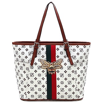 Fashion Queen Bee Stripe Monogram Signature Shopper Tote