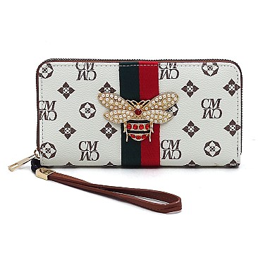 Stylish Queen Bee Stripe Monogram Zip Around Wallet Wristlet