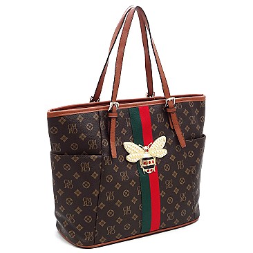 Fashion Queen Bee Stripe Monogram Signature Shopper Tote