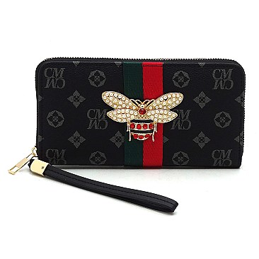 Stylish Queen Bee Stripe Monogram Zip Around Wallet Wristlet