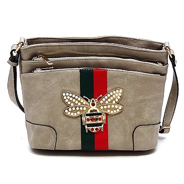 Multi Zip Pocket Queen Bee Stripe Crossbody Bag