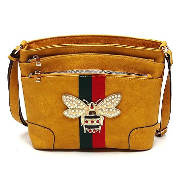 Multi Zip Pocket Queen Bee Stripe Crossbody Bag