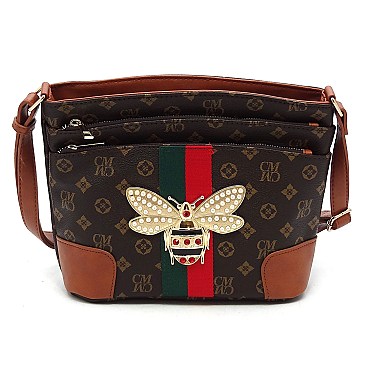 Monogram Queen Bee Stripe Multi Zip Pocket Crossbody Bag