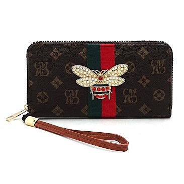 Stylish Queen Bee Stripe Monogram Zip Around Wallet Wristlet