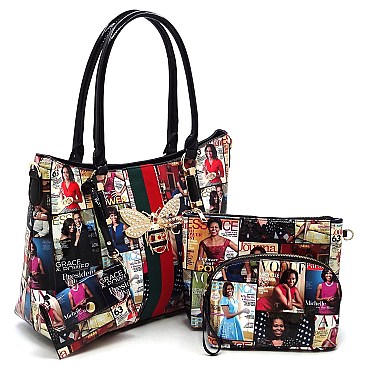 4-in-1 Magazine Cover Collage Queen Bee Stripe Satchel Set