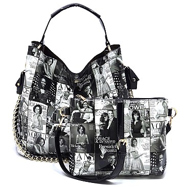 2-in-1 Magazine Cover Collage Bucket Shoulder Bag Hobo Set