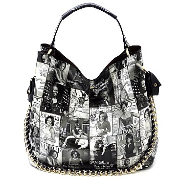 2-in-1 Magazine Cover Collage Bucket Shoulder Bag Hobo Set