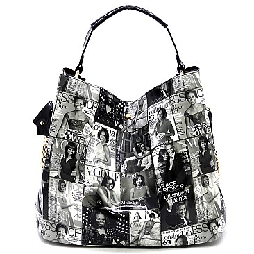 2-in-1 Magazine Cover Collage Bucket Shoulder Bag Hobo Set