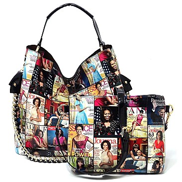 2-in-1 Magazine Cover Collage Bucket Shoulder Bag Hobo Set