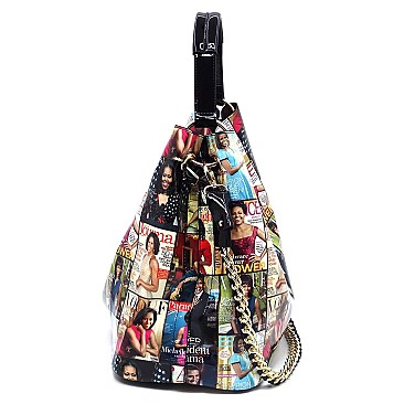 2-in-1 Magazine Cover Collage Bucket Shoulder Bag Hobo Set