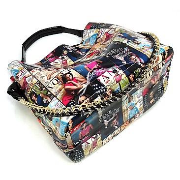 2-in-1 Magazine Cover Collage Bucket Shoulder Bag Hobo Set